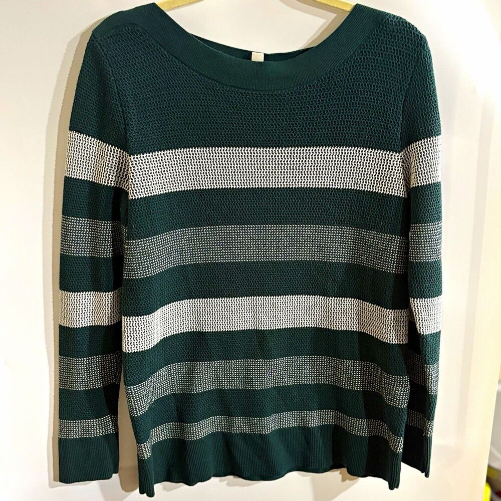 Market & Spruce Womens L Green Gray Striped Knit Crew Neck Pullover Sweater